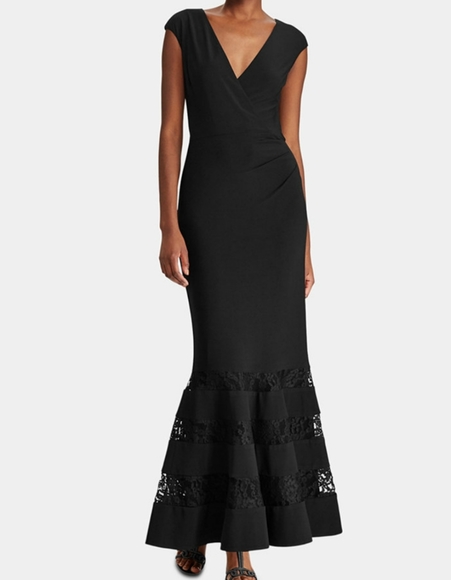 RALPH LAUREN BLACK LACE TRIM JERSEY  GOWN SIZE 8 NWT - Picture 1 of 4